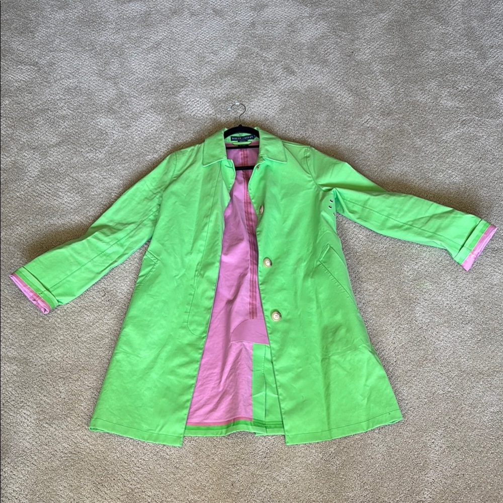 Ralph Lauren Green and Pink Trench Coat with Contrast Lining
